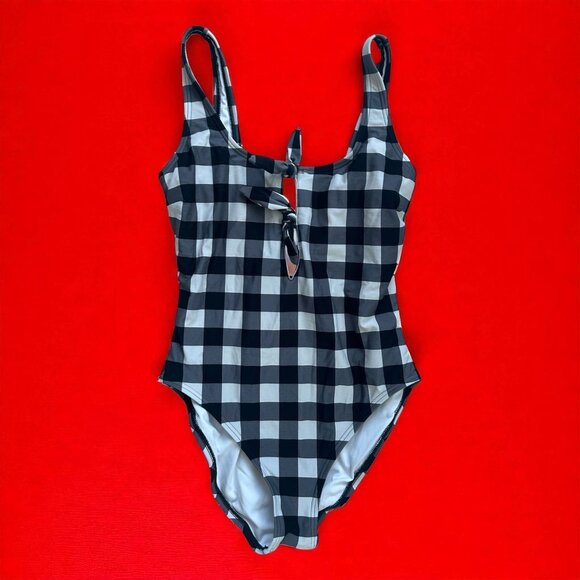 KATE SPADE Black White Gingham Plaid Bow One Piece Bathing Swimsuit Size M - Picture 1 of 7